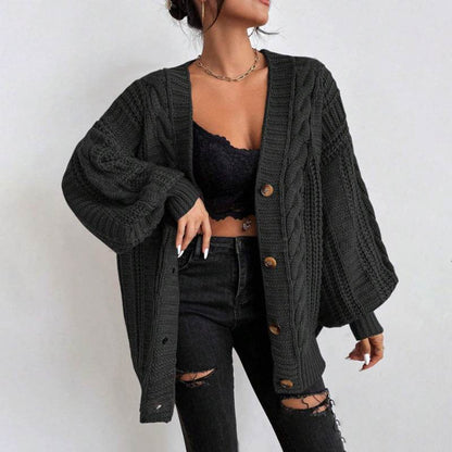 Women's V-Neck Retro Knitted Sweater - Loose Fit, Lantern Sleeves - Buy Center US