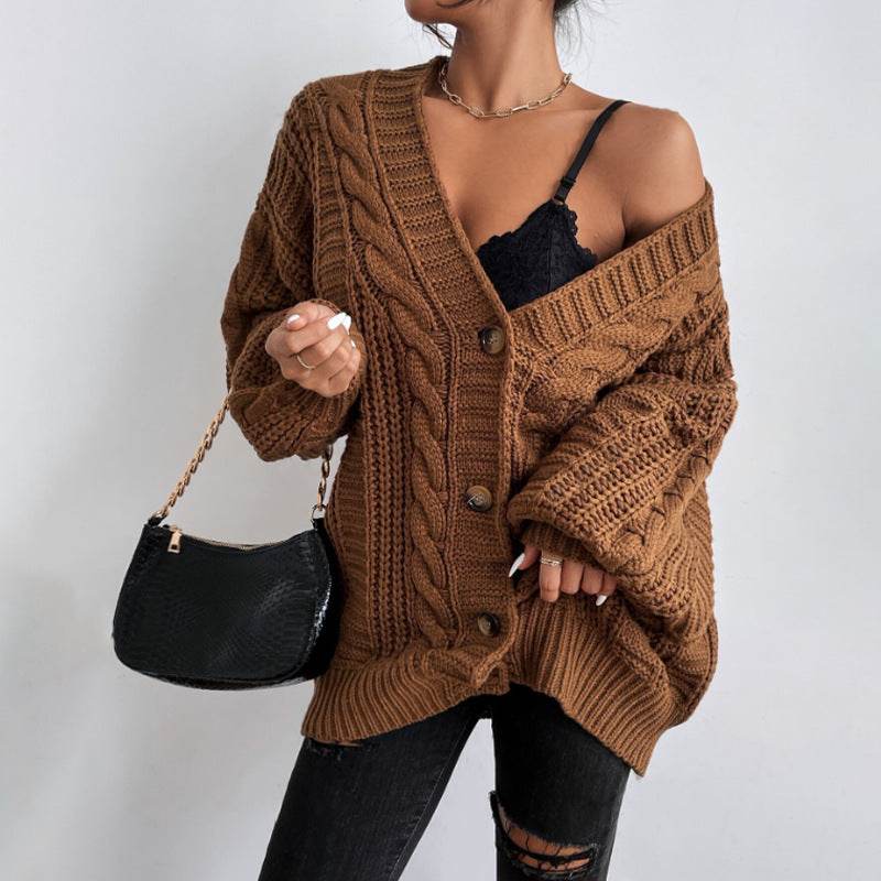 Women's V-Neck Retro Knitted Sweater - Loose Fit, Lantern Sleeves - Buy Center US