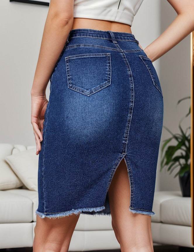 Casual High Waist Slimming Denim Skirt - Stretchy Slim Fit with Slit - Buy Center US