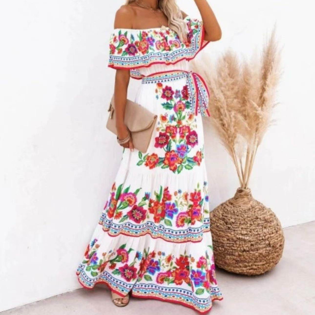 Off-Shoulder A-Line Summer Dress - Floral Print, Mid Waist Style - Buy Center US