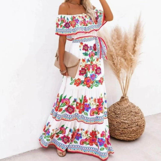Off-Shoulder A-Line Summer Dress - Floral Print, Mid Waist Style - Buy Center US