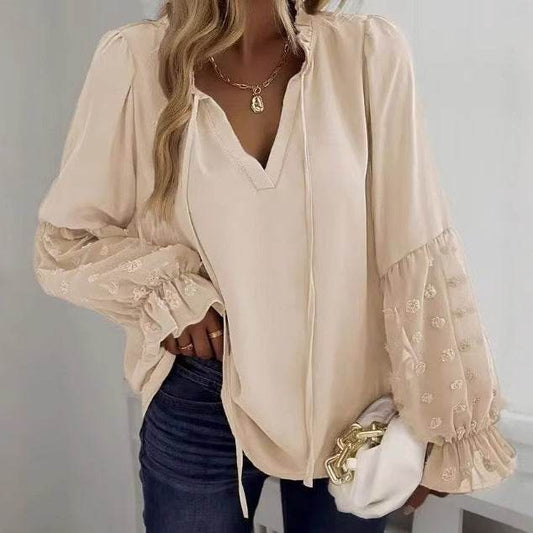 Solid Color Jacquard Long-Sleeved Shirt - Puff Sleeve Patchwork Top - Buy Center US