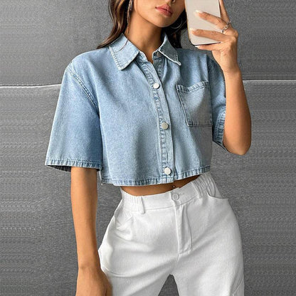 Fashion Thin Denim Waistcoat Shirt - Light Blue Short Sleeve for Commuting - Buy Center US