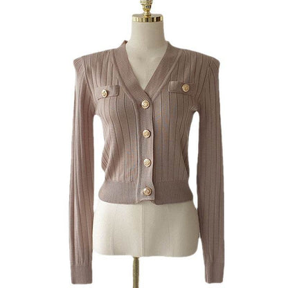Slim-fit V-neck Knitted Cardigan - Casual Style in Khaki, Black, White - Buy Center US