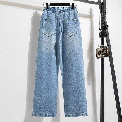 Light Blue Tapered Mid-Rise Jeans - Loose Fit, Flannel Fabric - Buy Center US