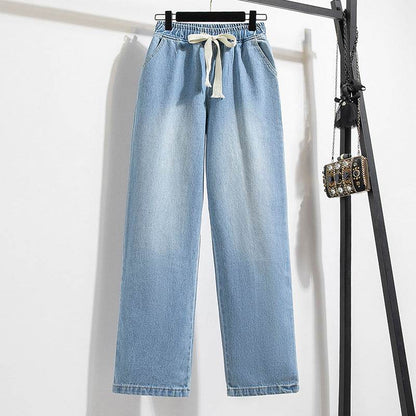 Light Blue Tapered Mid-Rise Jeans - Loose Fit, Flannel Fabric - Buy Center US