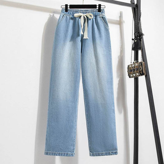 Light Blue Tapered Mid-Rise Jeans - Loose Fit, Flannel Fabric - Buy Center US