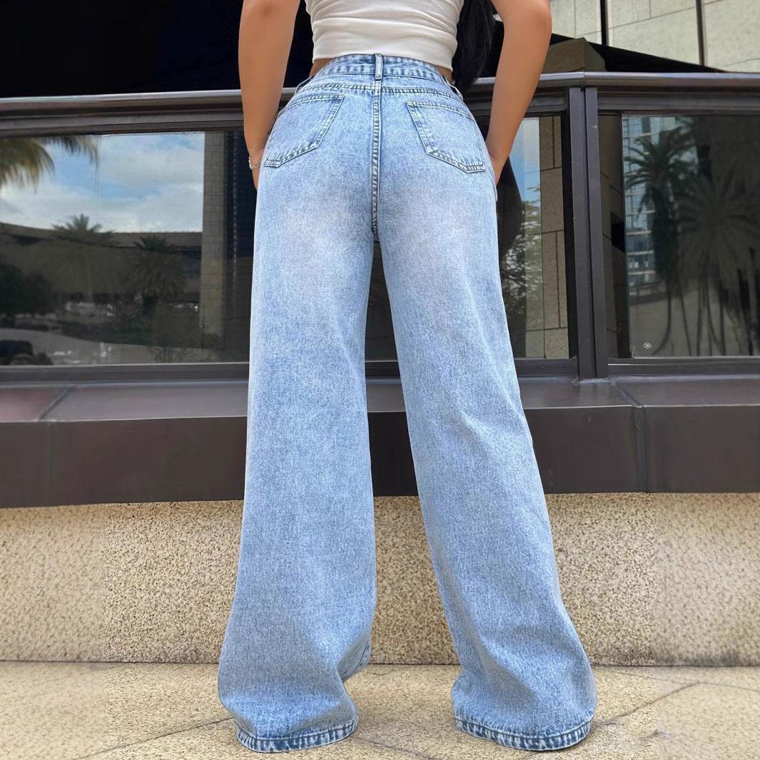 Light Blue Ripped Washed Jeans - Women's Loose Straight Wide Leg - Buy Center US