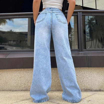 Light Blue Ripped Washed Jeans - Women's Loose Straight Wide Leg - Buy Center US