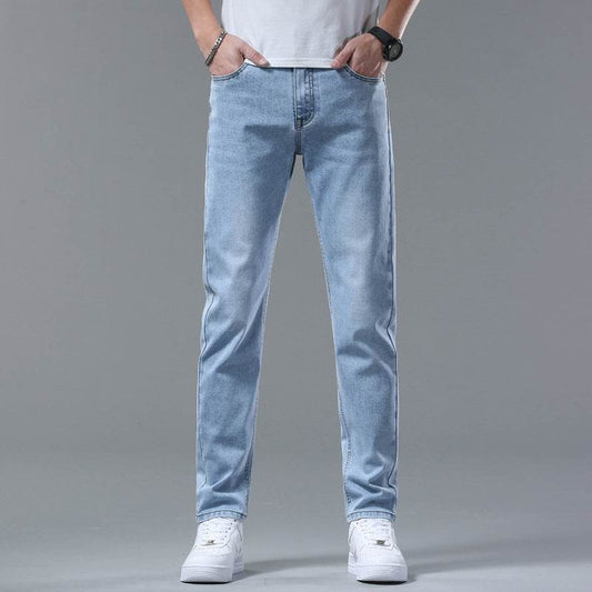 Men's Light Blue Stretch Slim-Fit Trousers - Mid Waist Straight Leg - Buy Center US