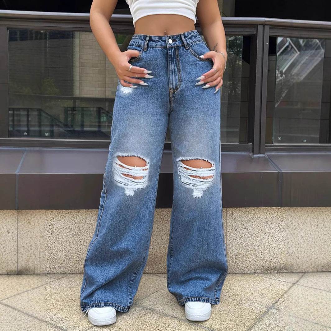 Light Blue Ripped Washed Jeans - Women's Loose Straight Wide Leg - Buy Center US