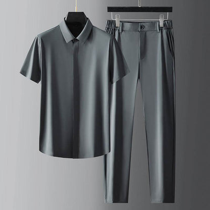 Buycenter Men's Casual Short-Sleeve Shirt Suit - Blue & Gray Trousers - Buy Center US