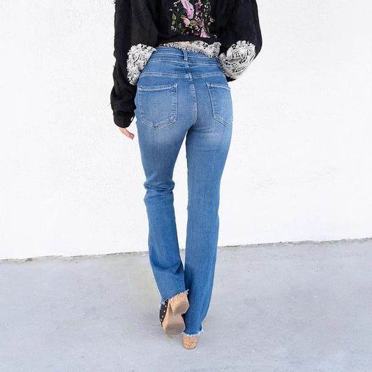 Women's High Waist Straight Jeans - Double Button, Medium Blue, Black - Buy Center US