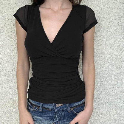 Deep V Design Short Sleeve Pleated Top - Slim Fit Black Mesh Stitching - Buy Center US
