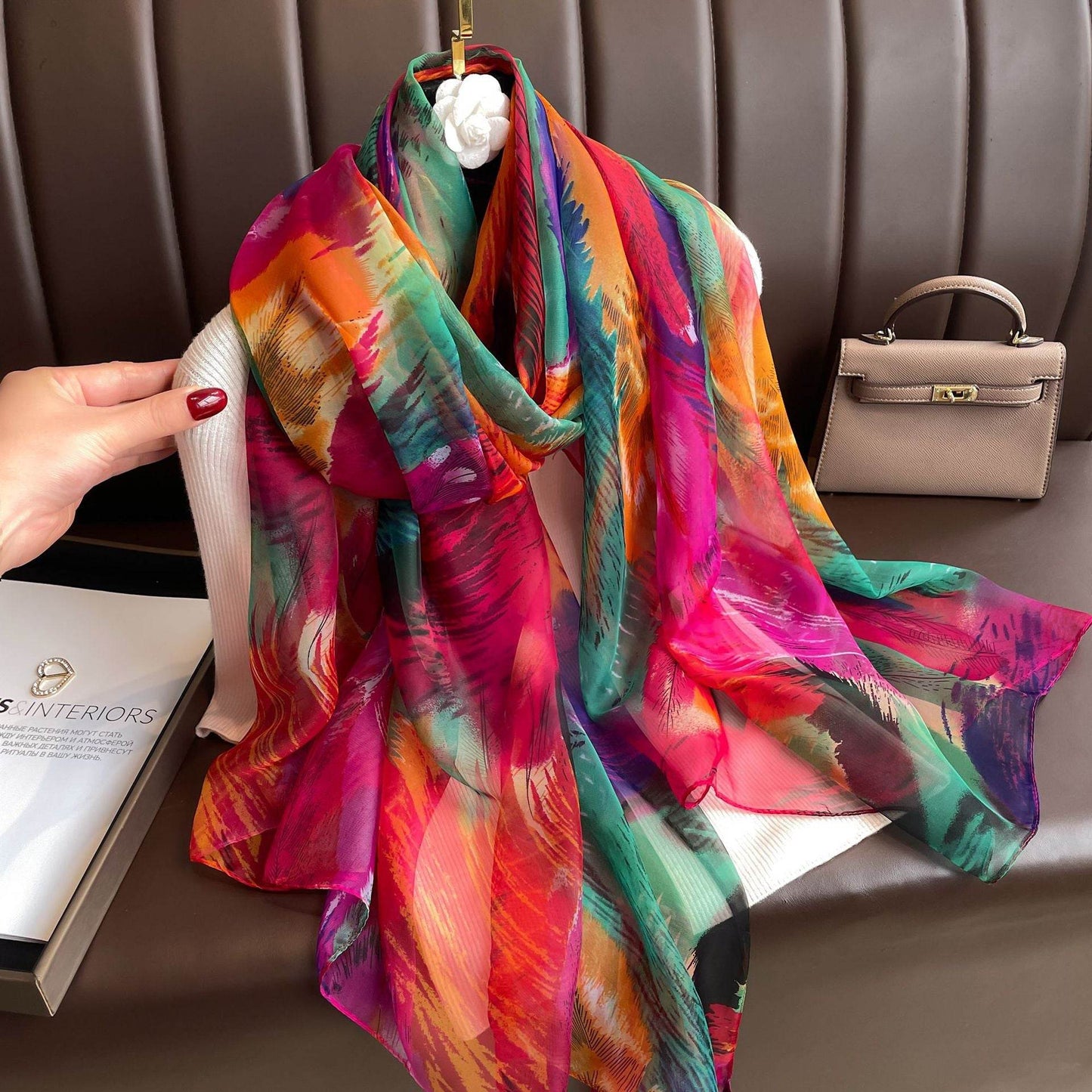 Peony Silk Scarf for Women - Long, Lightweight Sun Protection Accessory - Buy Center US