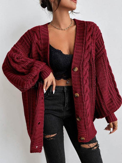 Women's V-Neck Retro Knitted Sweater - Loose Fit, Lantern Sleeves - Buy Center US