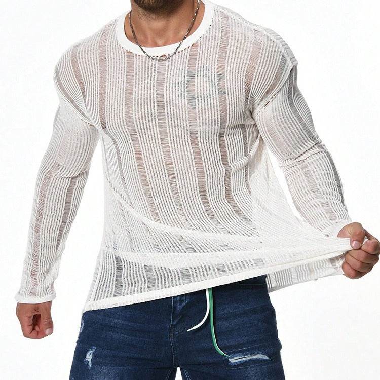 Men's Long Sleeve Loose Sweater - All-Matching Pullover in White & Light Brown - Buy Center US