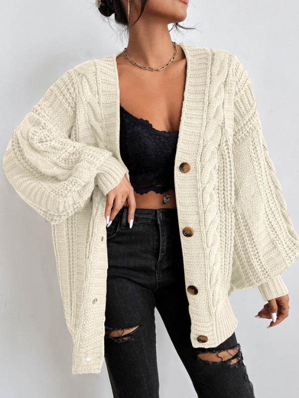 Women's V-Neck Retro Knitted Sweater - Loose Fit, Lantern Sleeves - Buy Center US