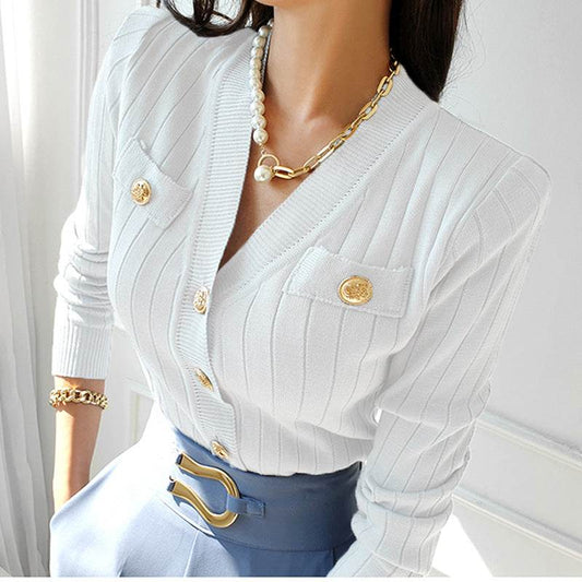Slim-fit V-neck Knitted Cardigan - Casual Style in Khaki, Black, White - Buy Center US