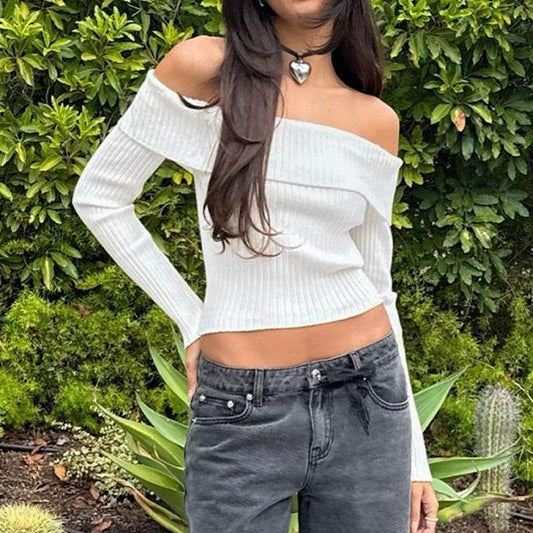Short Knitwear Pullover Sweater - Off-the-Shoulder Design in White - Buy Center US