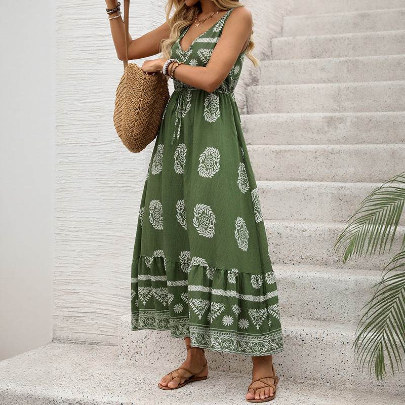 Green Ethnic Style V-Neck Dress for Women - High Waist Casual Fashion - Buy Center US