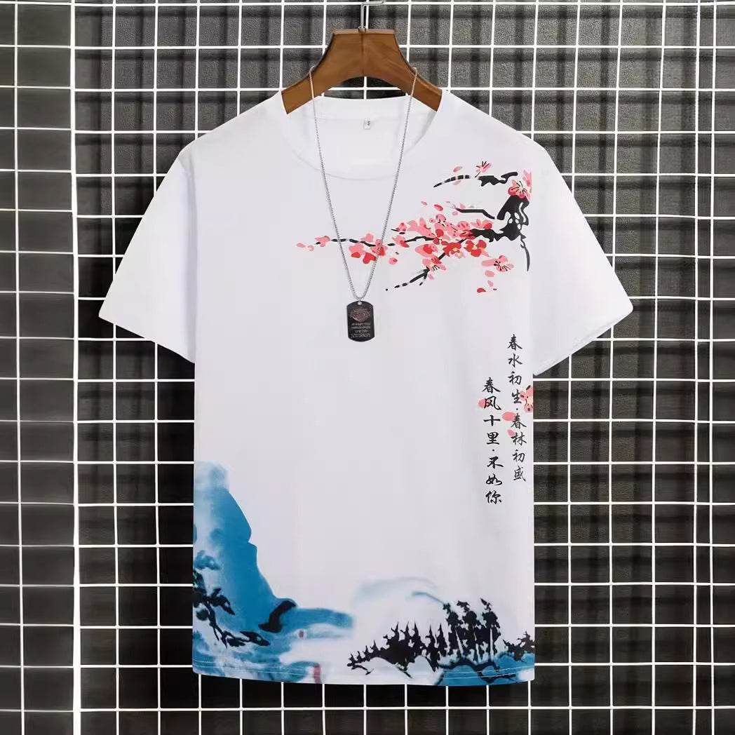 Men's Round Neck Cotton T-Shirt - Digital Floral Print, Short Sleeves - Buy Center US