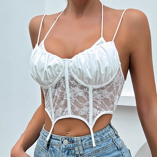 French Sweet Sexy Lace Up Sling - Floral Pattern Street Fashion Top - Buy Center US