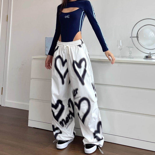 Hip Hop Heart Wide Leg Pants - Elastic Waist Drawstring for Women - Buy Center US
