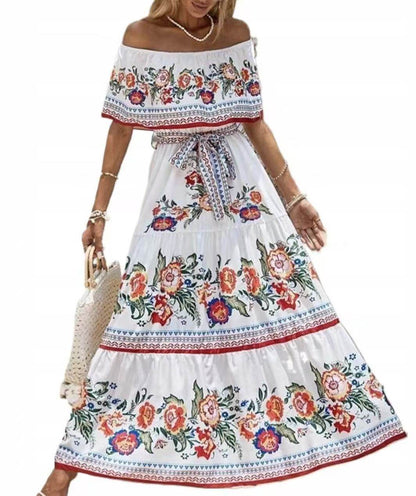 Off-Shoulder A-Line Summer Dress - Floral Print, Mid Waist Style - Buy Center US