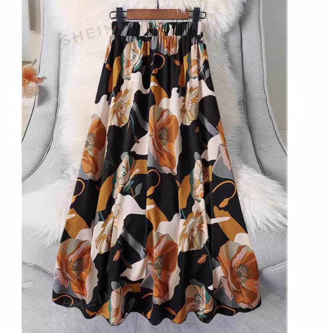 Black Micro-transparent Elastic Waist Long Skirt - Floral Pattern Style - Buy Center US