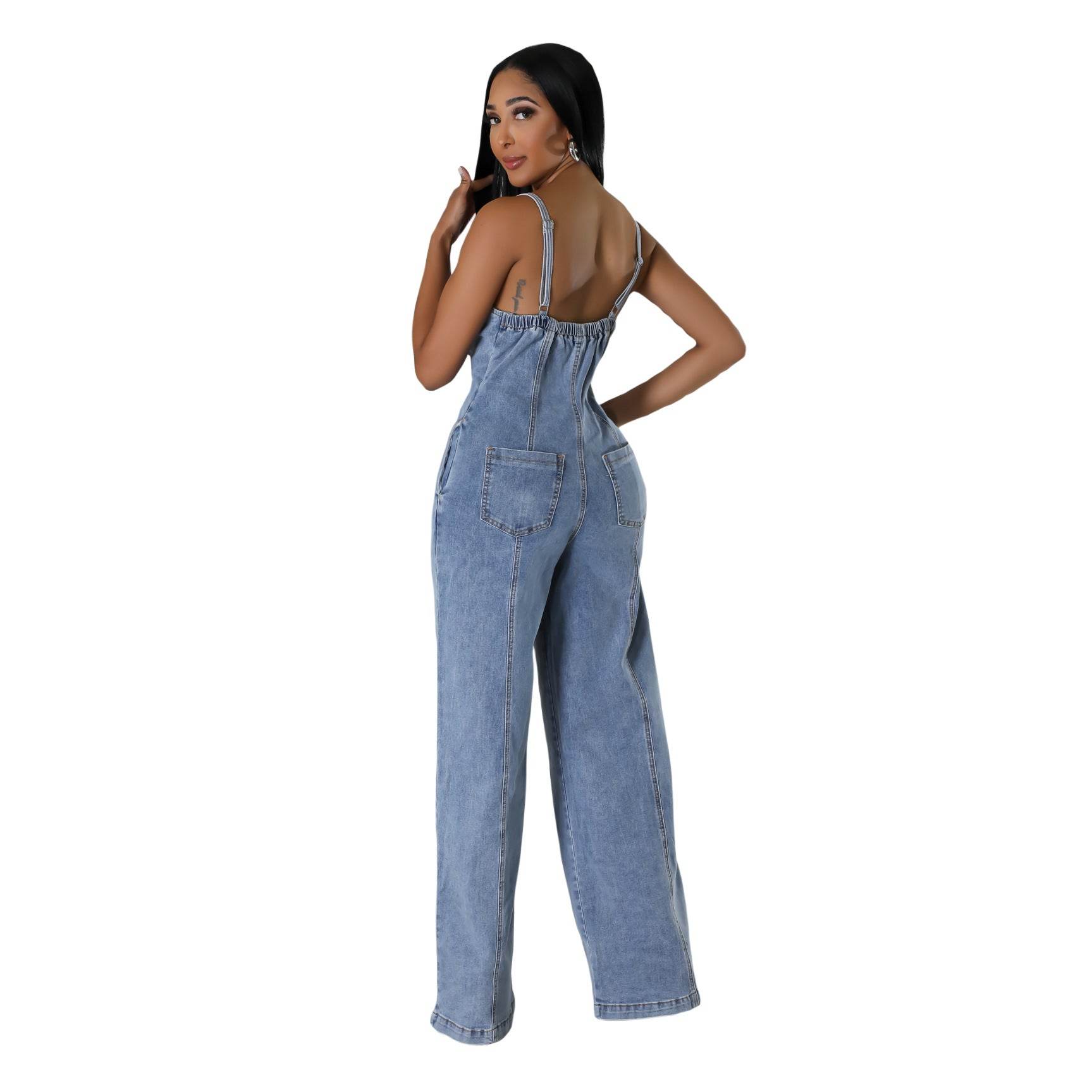 Women's Light Blue Denim Jumpsuit - Fashion Suspenders & Sleeveless Style - Buy Center US
