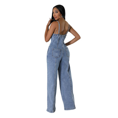 Women's Light Blue Denim Jumpsuit - Fashion Suspenders & Sleeveless Style - Buy Center US