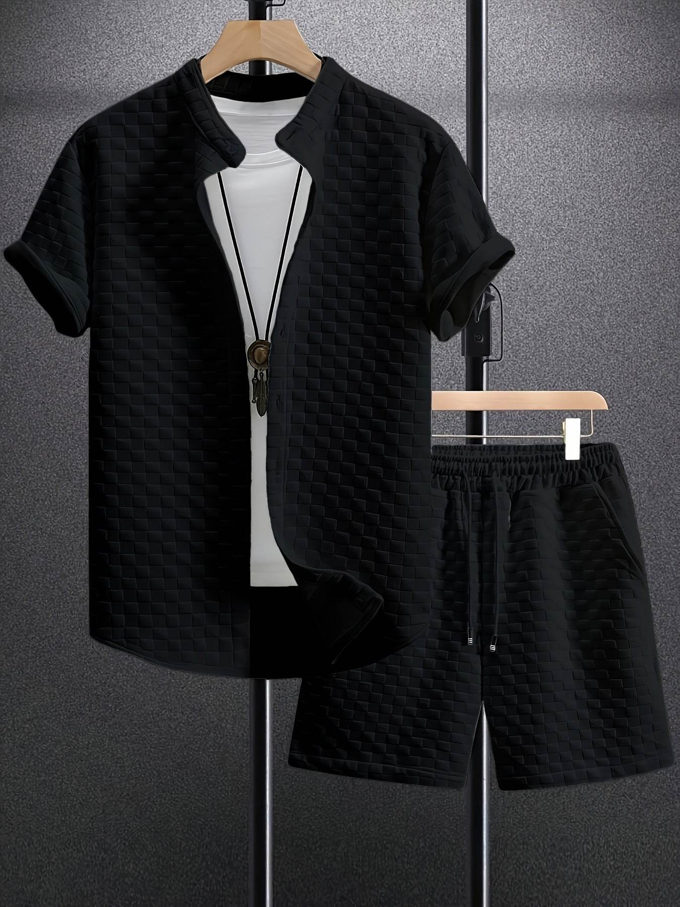 Buycenter Men's Casual Jacquard Short Sleeve Shirt & Shorts Outfit - Buy Center US