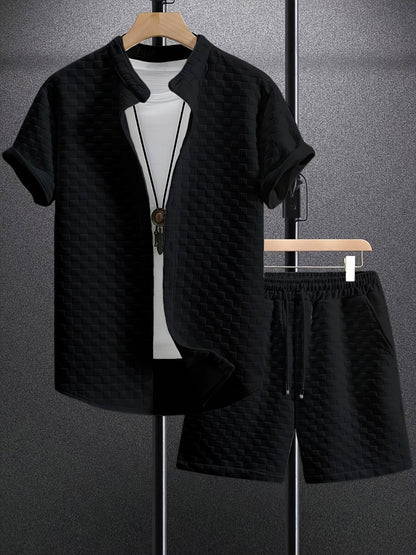 Buycenter Men's Casual Jacquard Short Sleeve Shirt & Shorts Outfit - Buy Center US
