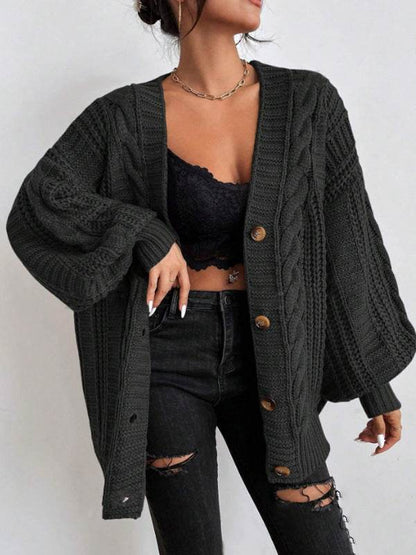 Women's V-Neck Retro Knitted Sweater - Loose Fit, Lantern Sleeves - Buy Center US