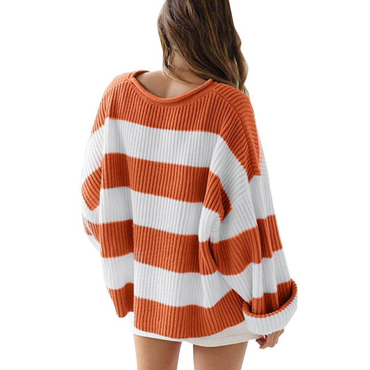 Stylish Women's Round Neck Striped Sweater - Long Sleeve Casual Top - Buy Center US