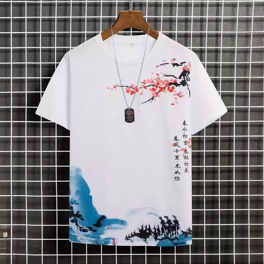 Men's Round Neck Cotton T-Shirt - Digital Floral Print, Short Sleeves - Buy Center US