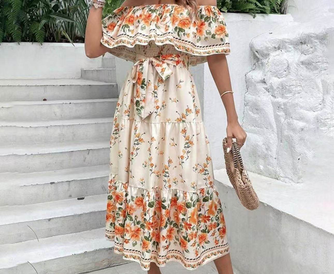 Off-Shoulder A-Line Summer Dress - Floral Print, Mid Waist Style - Buy Center US
