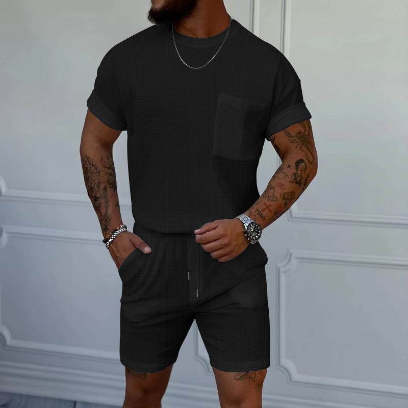Buycenter Casual Sports Suit - Waffle Round Neck, Short Sleeve & Shorts - Buy Center US