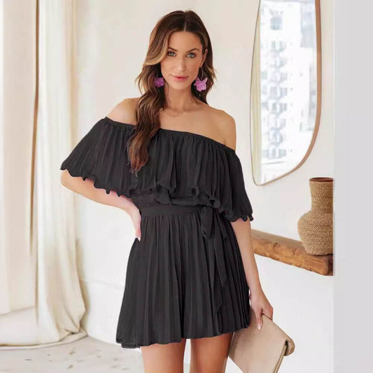 Solid Color Pleated Short-Sleeved Jumpsuit - Elegant Casual Style - Buy Center US