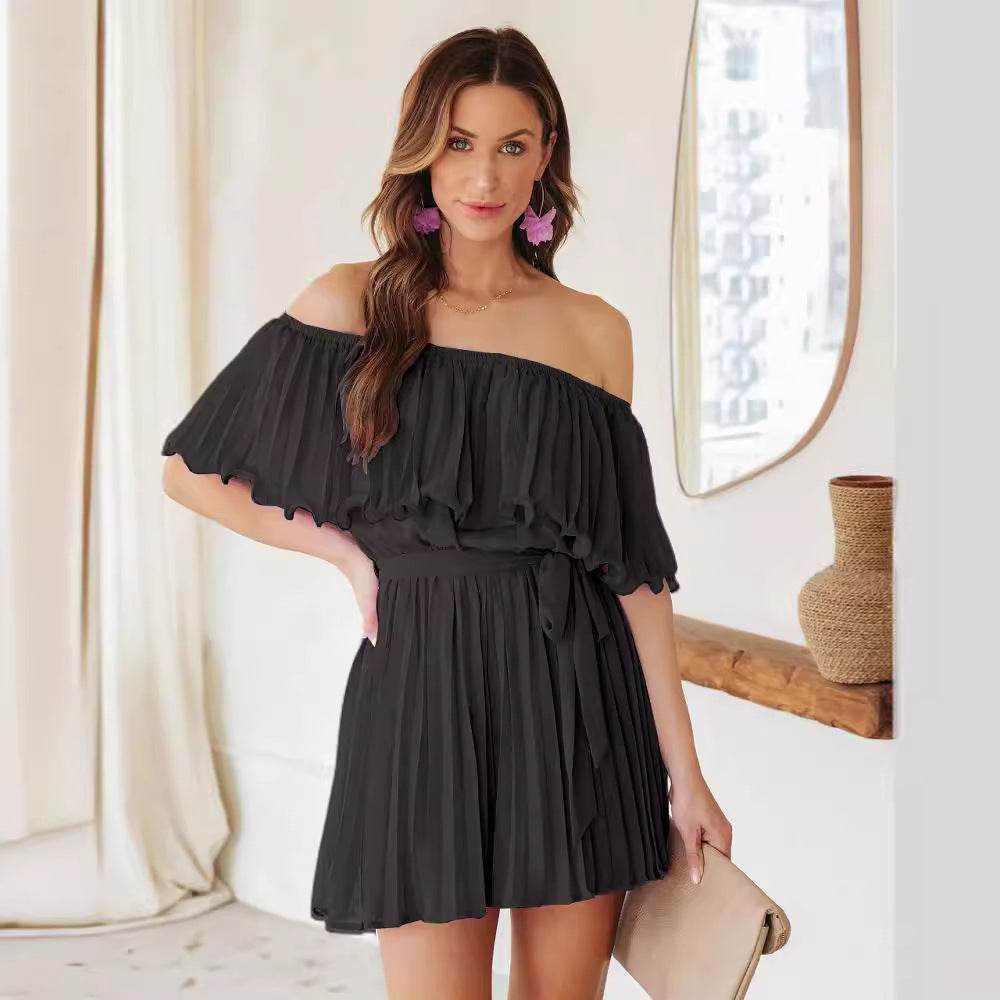 Solid Color Pleated Short-Sleeved Jumpsuit - Elegant Casual Style - Buy Center US