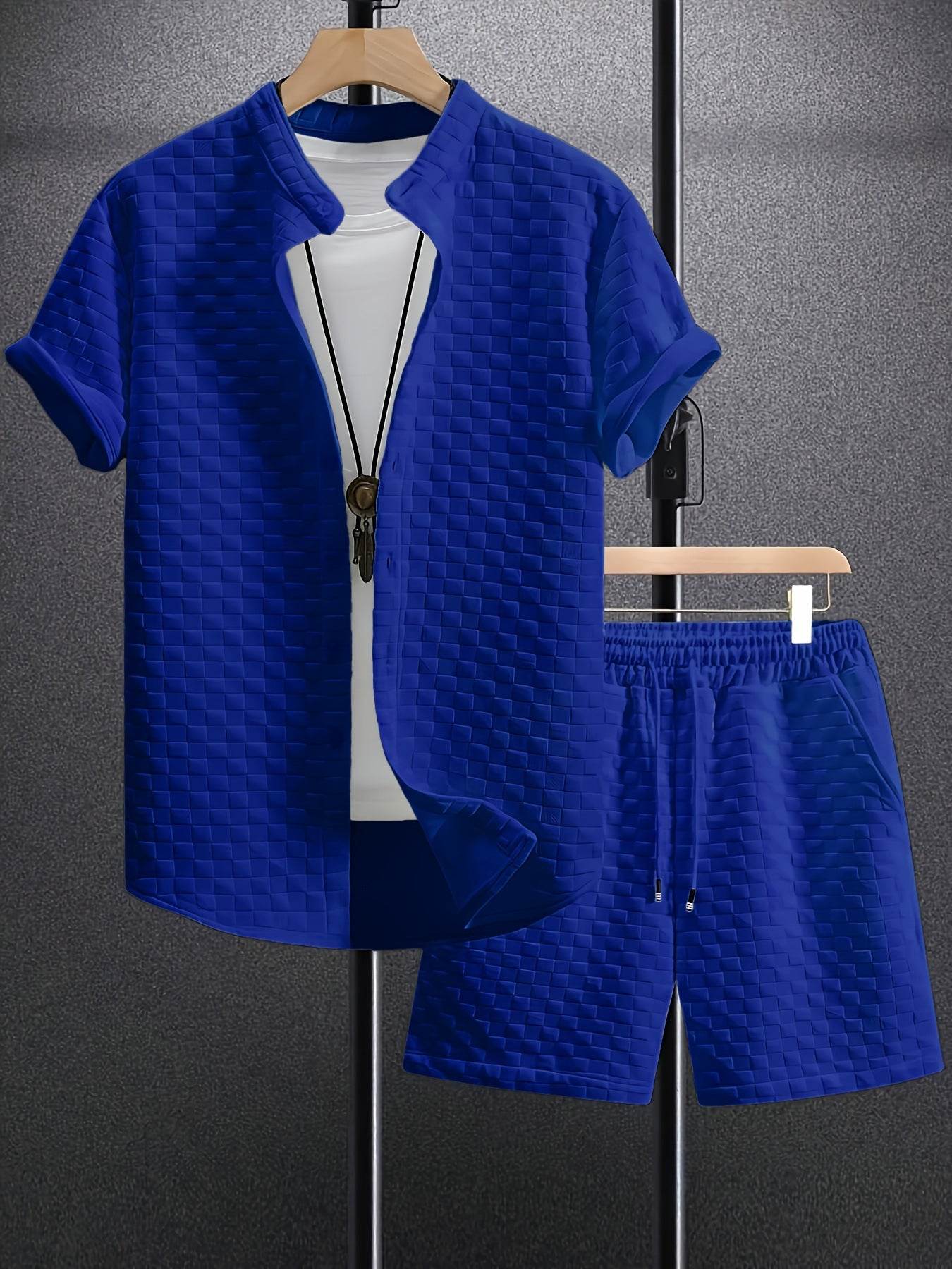 Buycenter Men's Casual Jacquard Short Sleeve Shirt & Shorts Outfit - Buy Center US