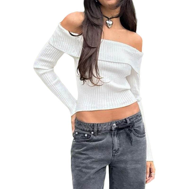 Short Knitwear Pullover Sweater - Off-the-Shoulder Design in White - Buy Center US