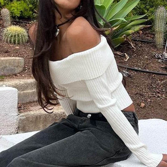 Short Knitwear Pullover Sweater - Off-the-Shoulder Design in White - Buy Center US