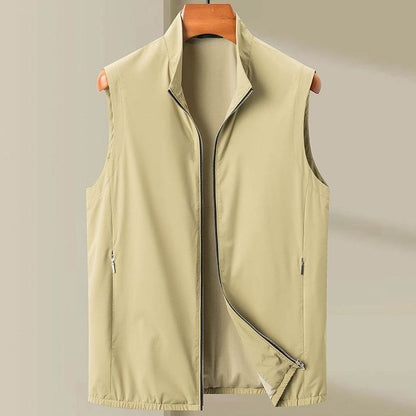 Buycenter Casual Men's Vest - Lightweight Stand Collar Waistcoat in Khaki & Blue - Buy Center US