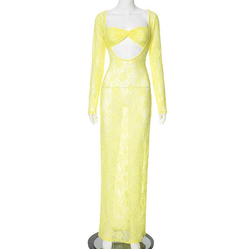 Summer Solid Color Hollow Dress - High-Waisted, Long Sleeve, Stylish - Buy Center US