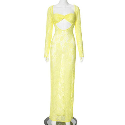 Summer Solid Color Hollow Dress - High-Waisted, Long Sleeve, Stylish - Buy Center US