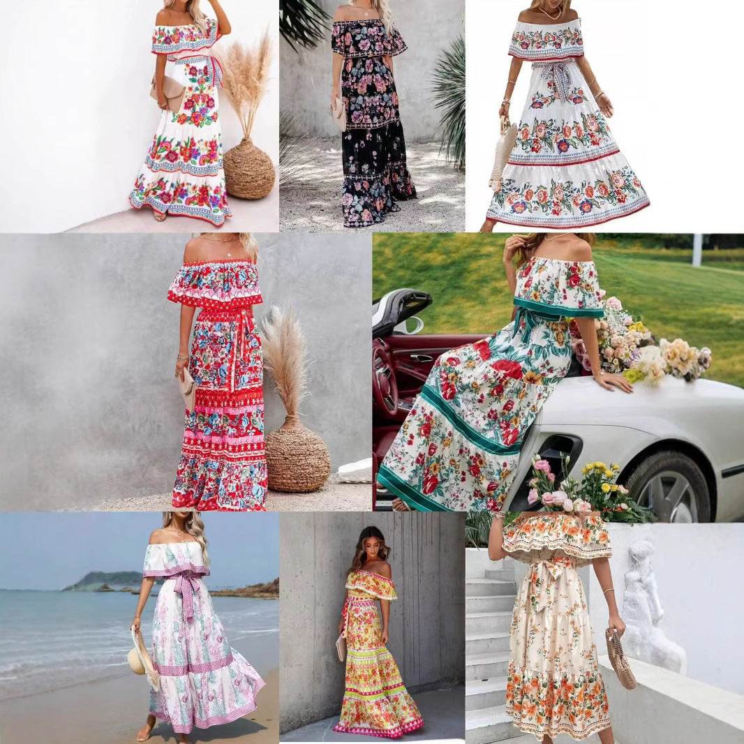 Off-Shoulder A-Line Summer Dress - Floral Print, Mid Waist Style - Buy Center US