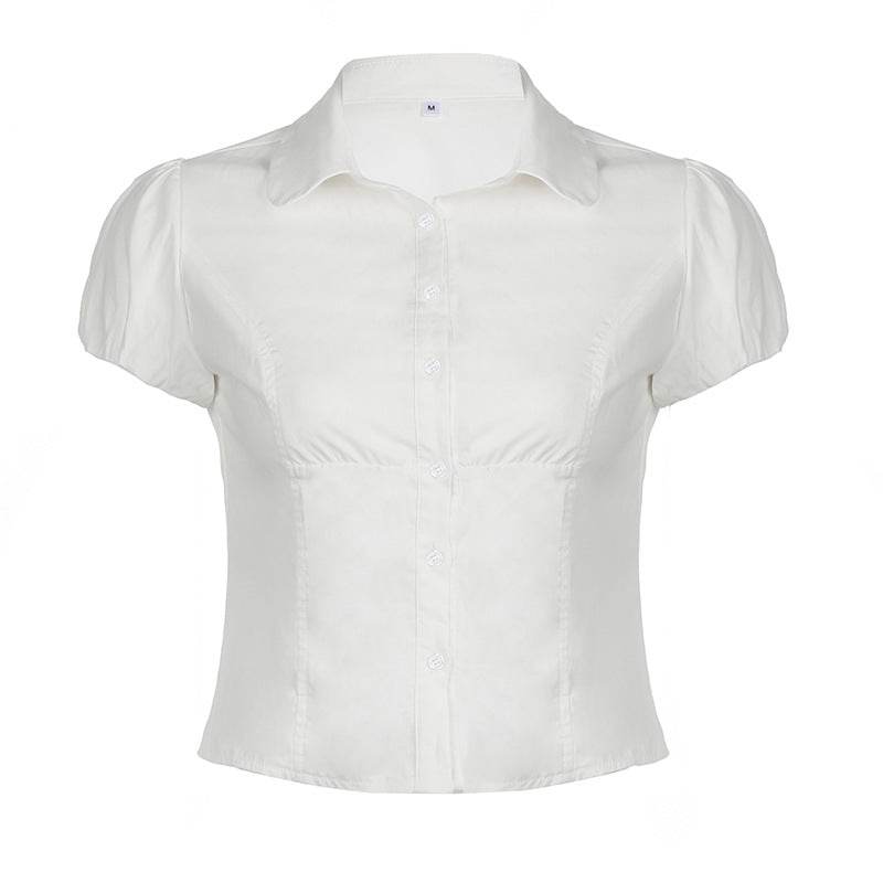 Solid Color Fitted Puff Sleeve Polo Shirt - Casual Japanese Style - Buy Center US