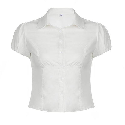 Solid Color Fitted Puff Sleeve Polo Shirt - Casual Japanese Style - Buy Center US